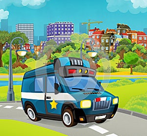 Cartoon stage with police vehicle smiling truck colorful and cheerful scene