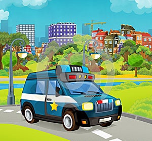 Cartoon stage with police vehicle smiling truck colorful and cheerful scene