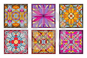 Cartoon stained glass pattern. Mosaic tile church windows, geometry and floral design flat vector background illustration set.