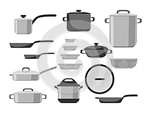 Cartoon stainless and non-stick cookware set, pots, pans, saucepans and utensils tools cooking isolated on white background,