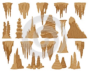 Cartoon stalactites and stalagmites, cave limestone rocks. Natural growth geology formations, mineral stalagmite and stalagnate