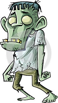 Cartoon stalking green zombie with big teeth