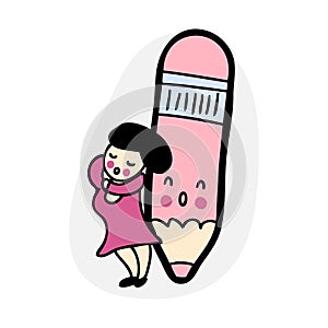 Cartoon standing student woman with giant pencil. Drawing, writing, creating, design, blogging concept. Hand drawn vector