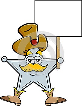 Cartoon star badge wearing a cowboy hat nd holding a sign.