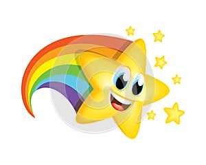 Cartoon Star with Rainbow tail Smile Emoji Mascot Reach Raise Vector