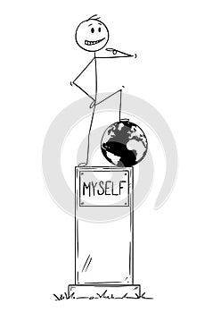 Cartoon of Statue of Egoist Selfish Man Standing on Pedestal With Text Myself