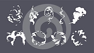 Cartoon steam clouds, puff, mist, fog, watery vapour or dust explosion 2D VFX illustration.