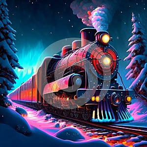 Cartoon steam locomotive at night in the snowy forest. Vector illustration. AI generated