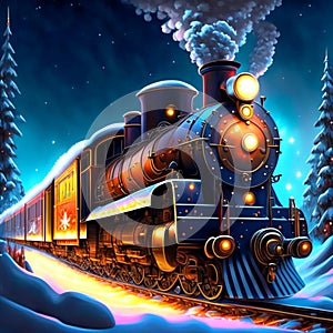 Cartoon steam locomotive in winter forest - illustration for children. AI Generated