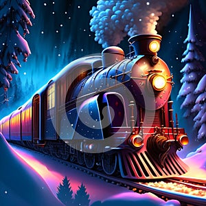 Cartoon steam locomotive in the winter forest at night. Vector illustration. AI Generated