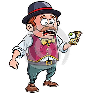 Cartoon steampunk man with a mobile phone