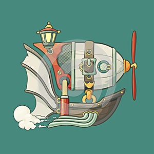 Cartoon steampunk styled flying airship with