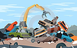 Cartoon steel crane working, dismantling scrapyard with old broken and crushed parts of auto vehicles, abandoned