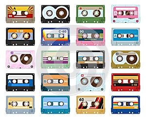 Cartoon stereo tape cassette, 80s vintage tape record. Music audio cassette, analogue player old tape flat vector symbols