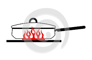 Cartoon stewpan with a lid and a long handle on a red gas stove. Image of a kitchen pot on fire. Illustration