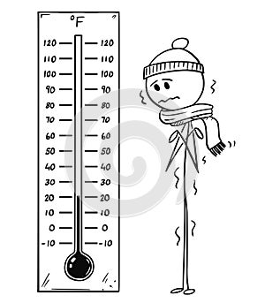 Cartoon of Chilled Man Looking at Big Fahrenheit Thermometer Showing Low Temperature photo