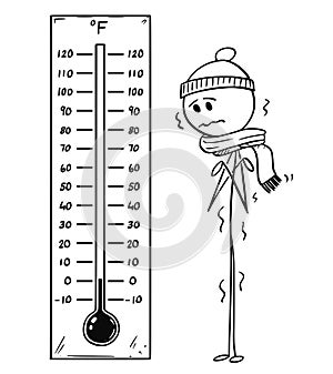 Cartoon of Chilled Man Looking at Big Fahrenheit Thermometer Showing Low Temperature photo