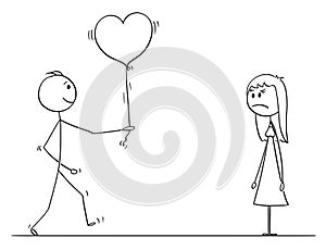 Stick Character Cartoon of Loving Man or Boy Giving Balloon Heart to Angry Woman or Girl on Date