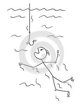 Cartoon of Man or Businessman Swimming to Be Catch on Empty Fish Hook photo