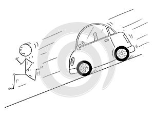 Cartoon of Man Running Down to Hill From Car Moving Uncontrolled Without Driver photo