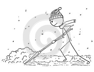 Cartoon of Man with Snow Pusher Shoveling the Snow photo