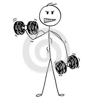 Cartoon of Muscular Man Lifting Two Dumbbells photo