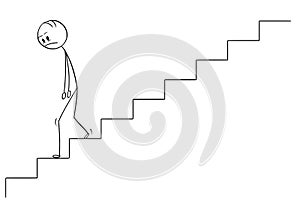 Cartoon of Sad and Depressed Man or Businessman Walking Downstairs photo