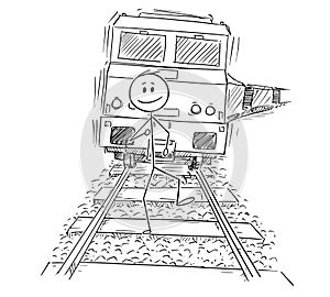 Cartoon of Unworried Man Walking on Tracks and Ignoring Train Riding Behind Him photo