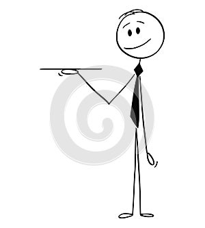 Cartoon of Waiter or Businessman Holding Empty Salver or Tray photo