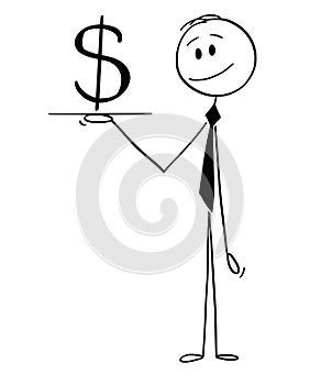 Cartoon of Waiter or Businessman Holding Salver or Tray With Dollar Currency Symbol photo