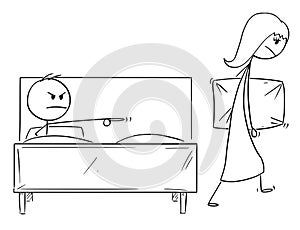 Cartoon of Woman Expelled From Bed By Man photo