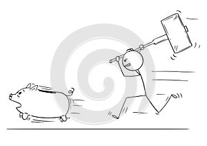 Cartoon of Angry Man or Businessman Chasing Running Piggy Bank With Big Hammer