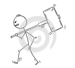 Cartoon of Angry Man or Businessman Walking With Big Hammer