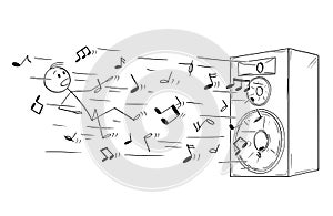 Cartoon of Man Blow Away by Big Loudspeaker Flying Between Notes Representing Loud Sound or Music