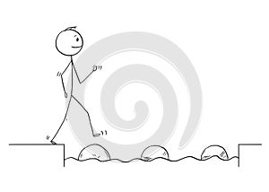Cartoon of Man or Businessman Stepping on Stones to Get Over Water Obstacle photo