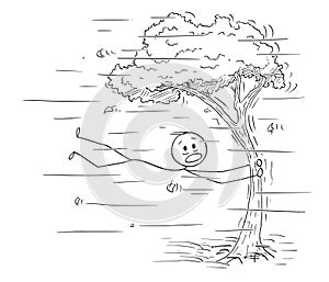 Cartoon of Man Holding Tree in Strong Wind or Windstorm