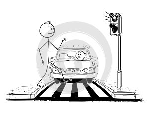 Cartoon of Man Walking on Crosswalk while Red Light on Stoplights and Car is Getting Closer