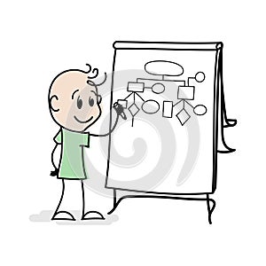 Cartoon stick figure drawing conceptual illustration of young man holding pencil and draw diagram. Office manager explaining the