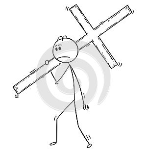 Cartoon of Man or Businessman Carrying Big Wooden Cross