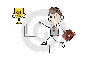 Cartoon stick man drawing conceptual illustration of businessman running up stairs for a reward, award, prize, trophy. Man