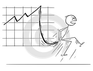 Cartoon of Businessman Stabbed in Bottom by Falling Financial Chart Arrow photo