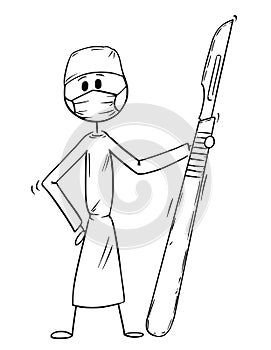 Cartoon of Doctor Surgeon Holding Big Scalpel