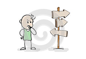 Cartoon stick man drawing conceptual illustration of frustrated man on crossroad thinks for right way to go. Man confused