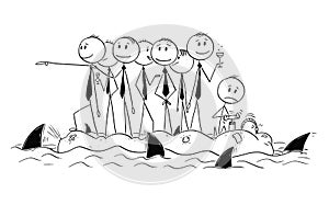 Cartoon of Group of Unworried Businessmen or Politicians on Unstable Boat With Sharks Around photo