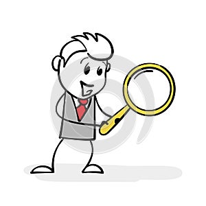 Cartoon stick man drawing of conceptual illustration of happy businessman looking through magnifying glass and searching