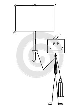 Cartoon of Robot or Robotic Businessman Holding Empty or Blank Sign