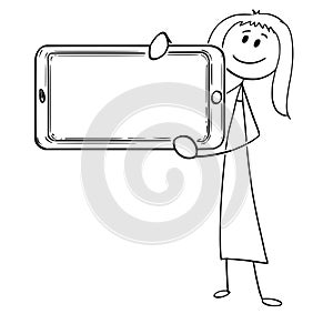 Cartoon of Woman or Businesswoman Holding Large Mobile Phone as Empty or Blank Sign