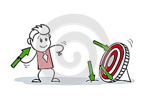 Cartoon stick man drawing illustration of businessman shoots arrows at target and misses. Stickman smiling at difficulties