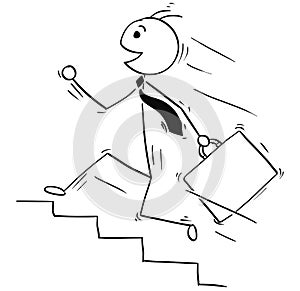 Cartoon Illustration of Smiling Business Man Running Upstairs