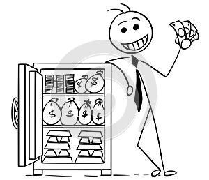 Cartoon Illustration of Happy Business Man Posing with Vault photo